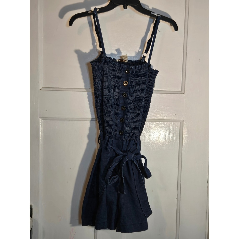 Gold Hava Womens Denim Smocked Romper Dark Wash XL Button Front Belted Pocketed